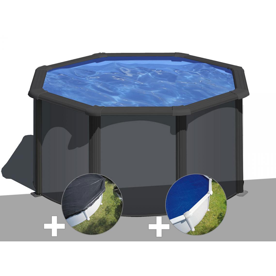 Gre - Kit piscine acier gris anthracite Gré Louko ronde 2,60 x 1,22 m + Bâche d'hivernage + Bâche à bulles - Piscines acier et résine