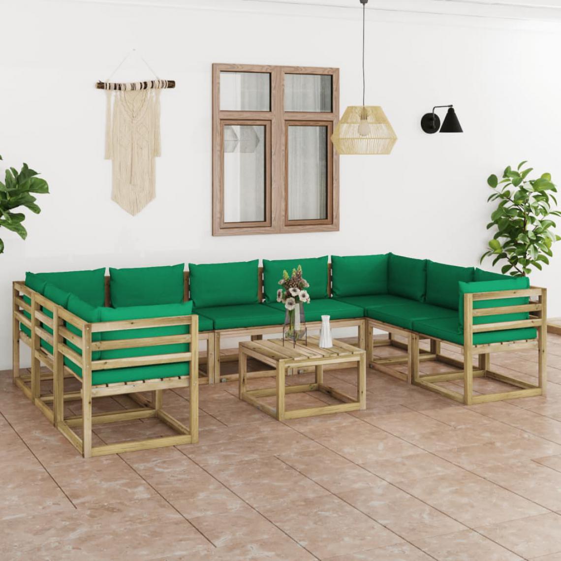 Chunhelife - Salon de jardin 10 pcs avec coussins Bois de pin imprégné - Ensembles canapés et fauteuils