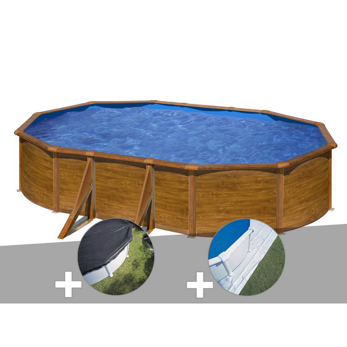 Gre - Kit piscine acier aspect bois Gré Pacific ovale 5,27 x 3,27 x 1,22 m + Bâche d'hivernage + Tapis de sol - Piscines acier et résine