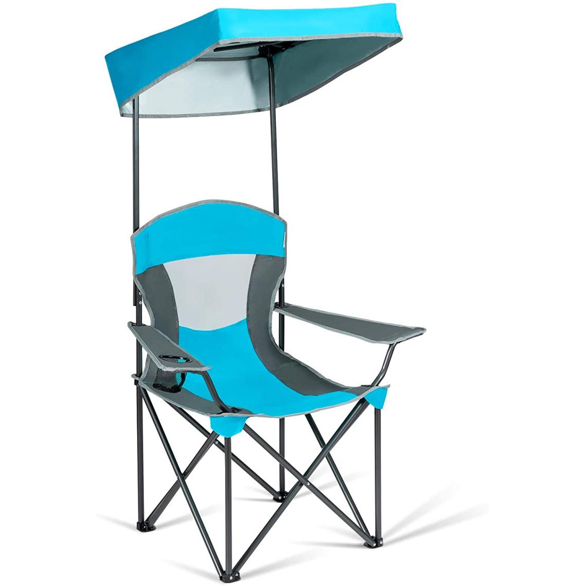 GIANTEX - GIANTEX Chaise de Camping Pliante avec Pare-Soleil Réglable Porte-Gobelet Accoudoirs et Sac Poratble Charge 150 kg pour Plage Pêche Bleu - Chaises de jardin