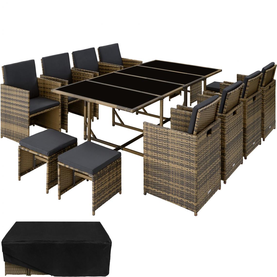 Tectake - Salon de jardin PALMA 12 places avec housse de protection, variante 2 - marron naturel/gris foncé - Ensembles canapés et fauteuils