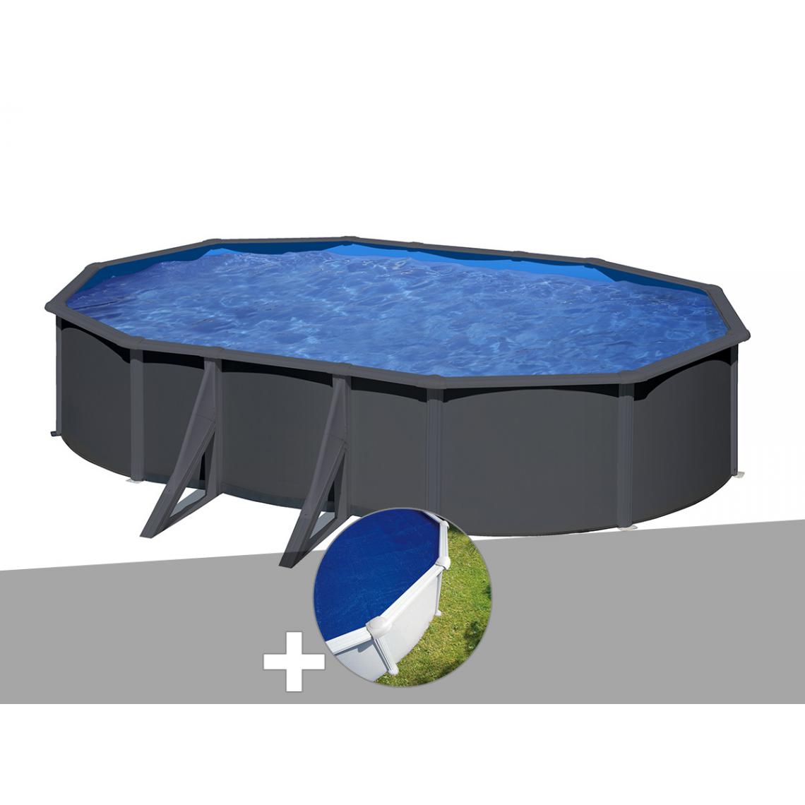 Gre - Kit piscine acier gris anthracite Gré Louko ovale 6,34 x 3,99 x 1,22 m + Bâche à bulles - Piscines acier et résine