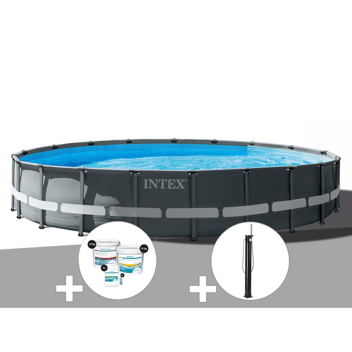 Intex - Kit piscine tubulaire Intex Ultra XTR Frame ronde 6,10 x 1,22 m + Kit de traitement au chlore + Douche solaire - Piscine Tubulaire