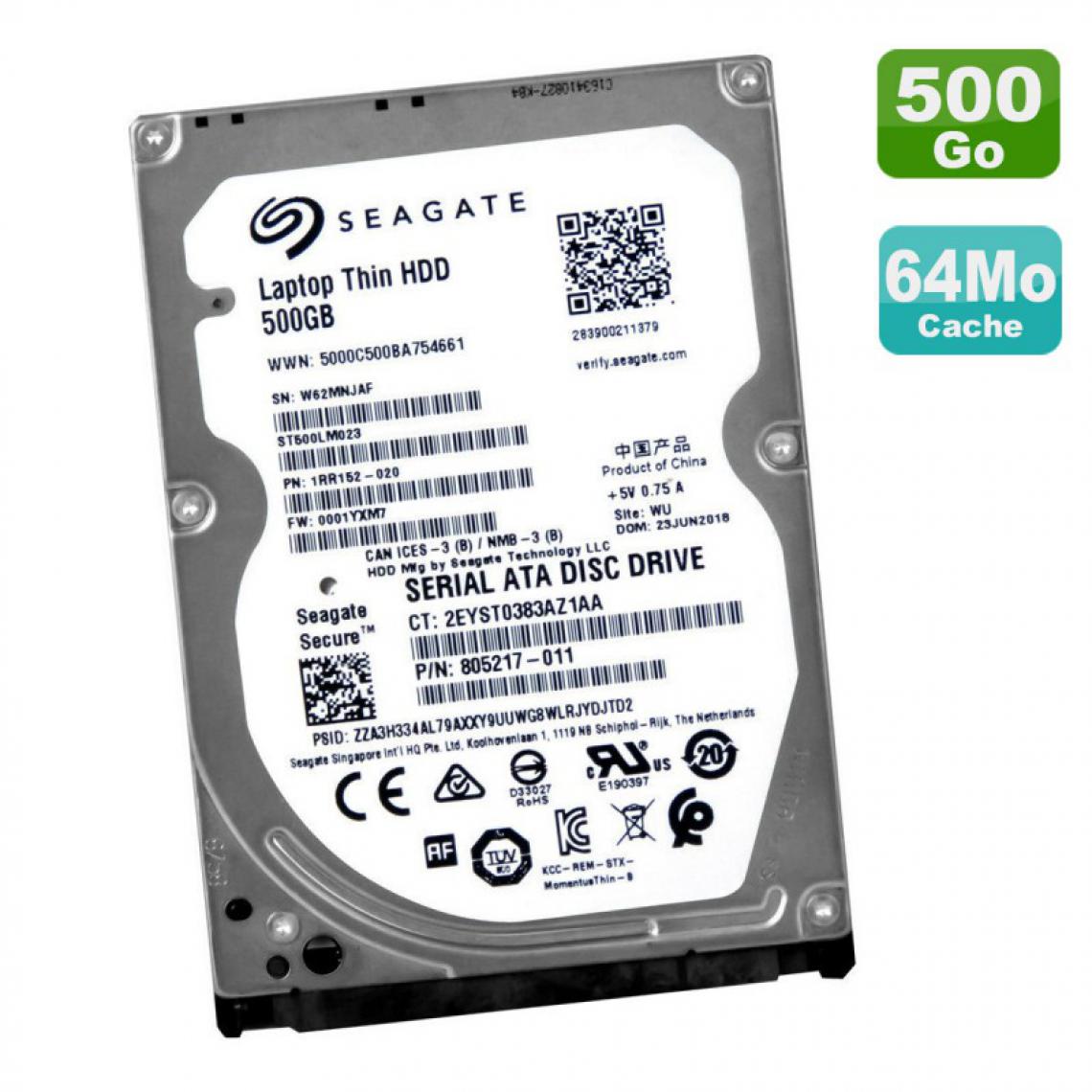 Seagate - Disque Dur 500Go SATA 2.5" Seagate Laptop Thin ST500LM023 1RR152-020 0001YXM7 - Disque Dur interne