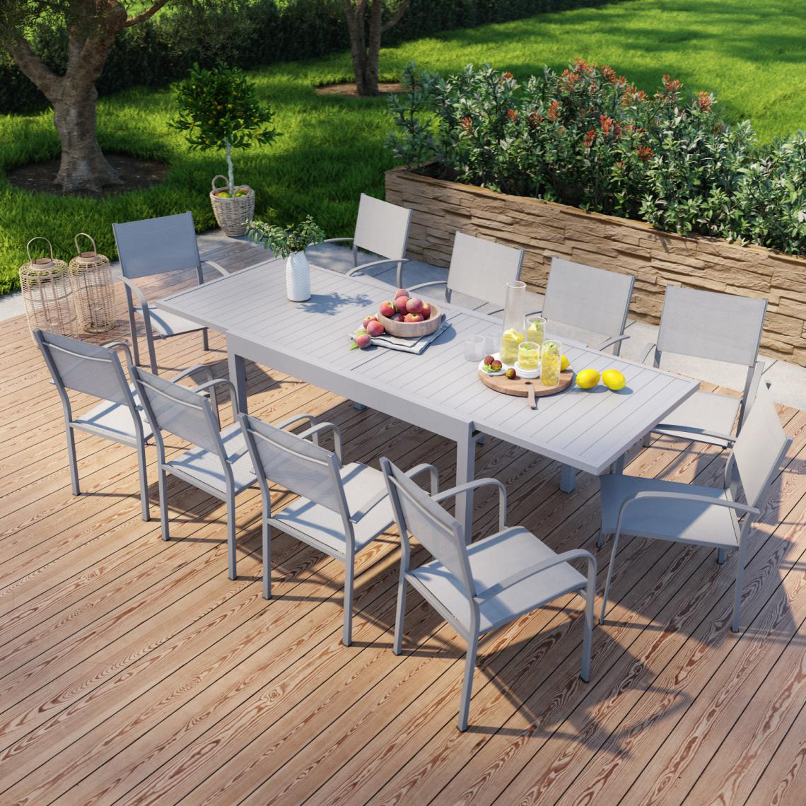 Avril Paris - Table de jardin extensible en aluminium 270cm + 10 fauteuils empilables textilène gris - MILO 10 - Ensembles canapés et fauteuils