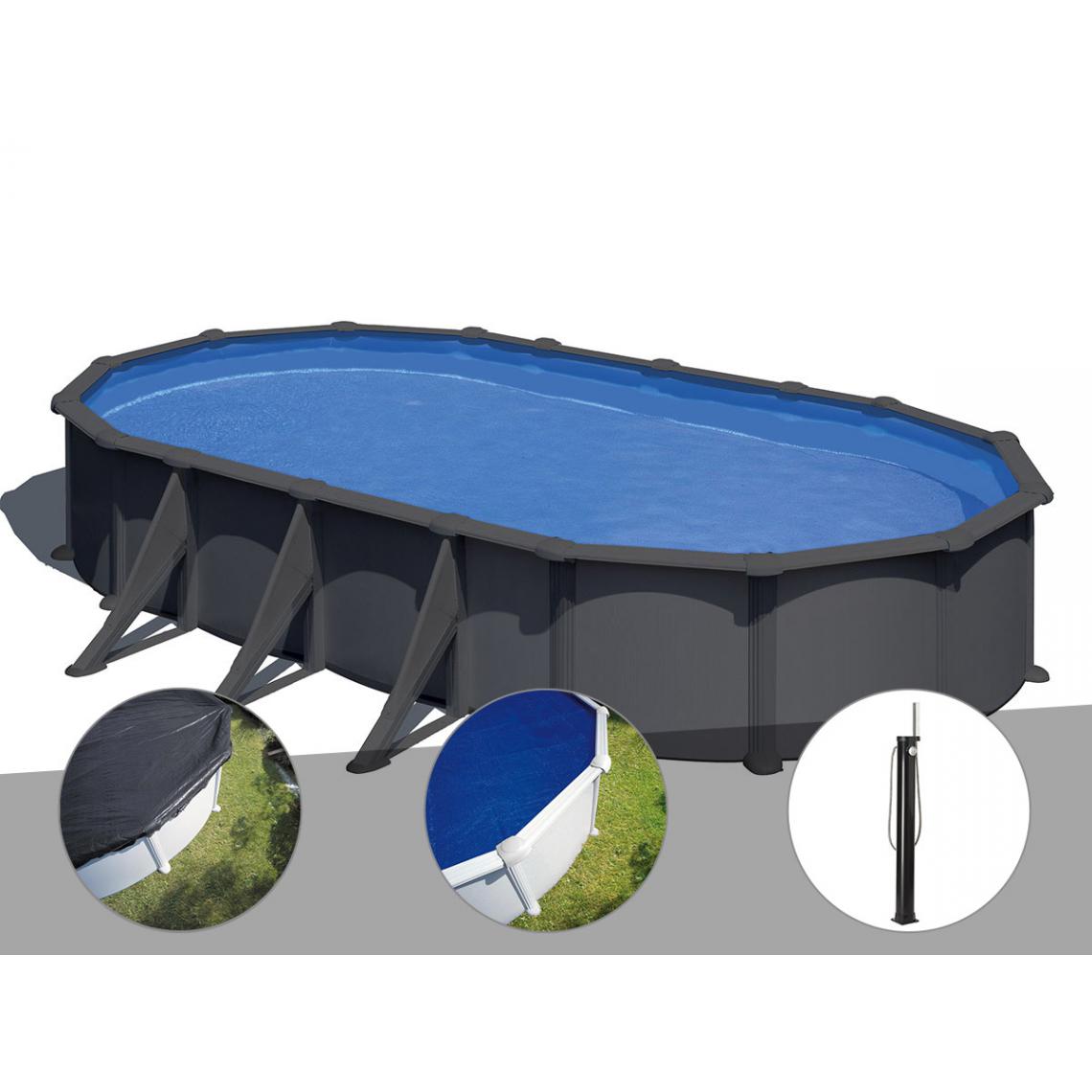 Gre - Kit piscine acier gris anthracite Gré Juni ovale 7,44 x 3,99 x 1,32 m + Bâche d'hivernage + Bâche à bulles + Douche - Piscines acier et résine