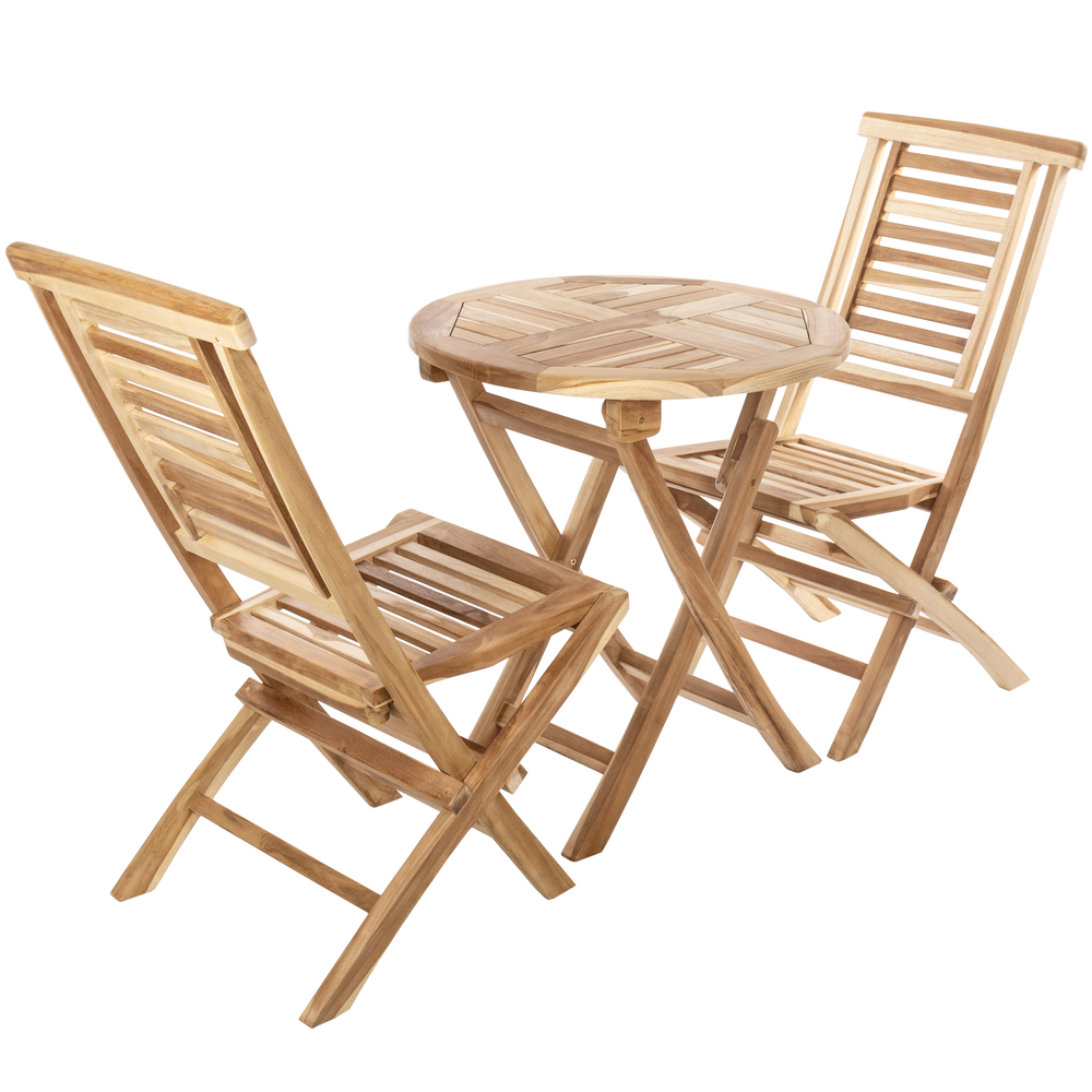 Primematik - Table ronde 66 cm et 2 chaises pour jardin d'extérieur en bois de teck certifié - Ensembles tables et chaises