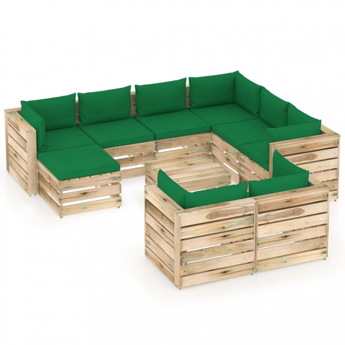 Vidaxl - vidaXL Salon de jardin 10 pcs avec coussins Bois imprégné de vert - Chaises de jardin