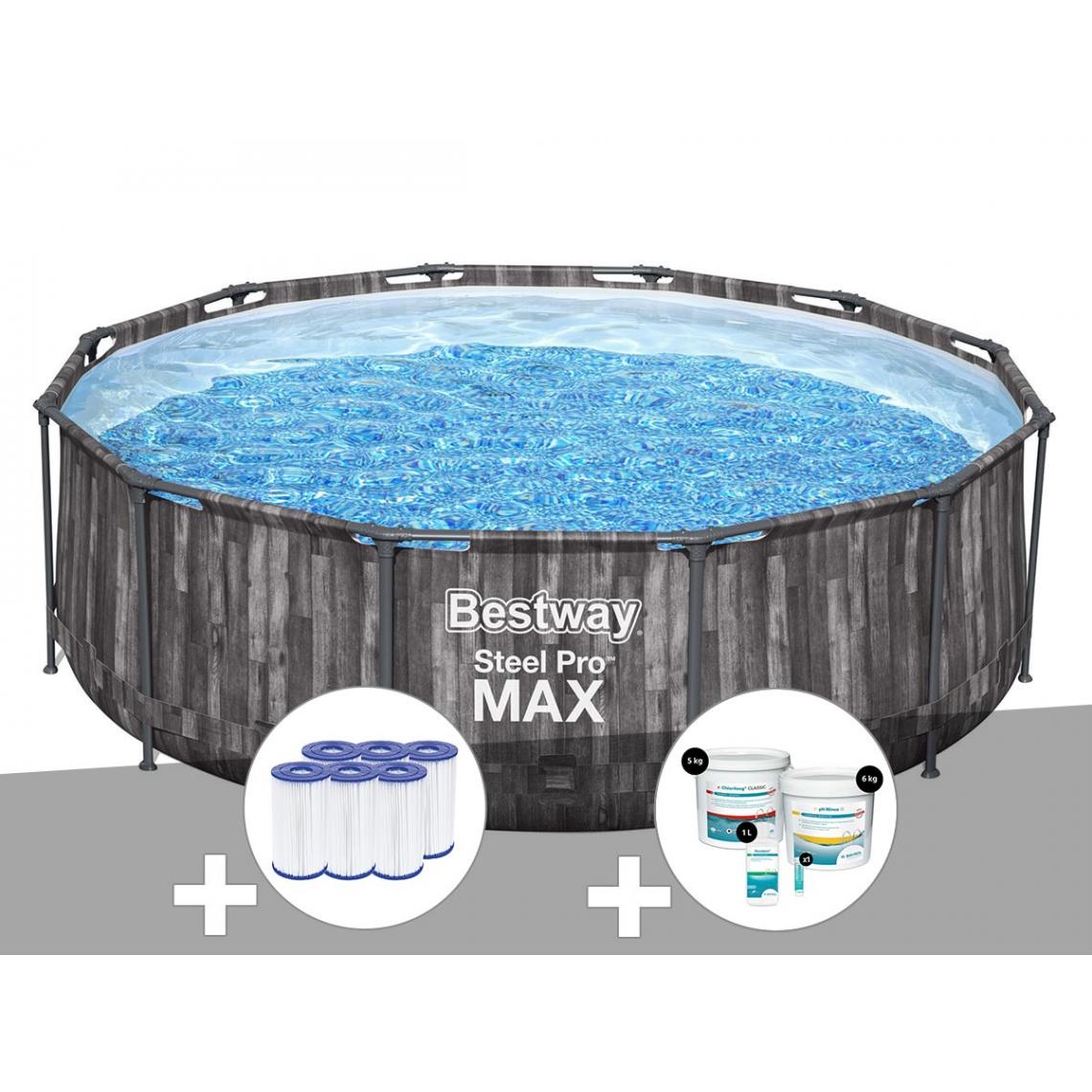 Bestway - Kit piscine tubulaire ronde Bestway Steel Pro Max décor bois 3,66 x 1,00 m + 6 cartouches de filtration + Kit de traitement au chlore - Piscine Tubulaire