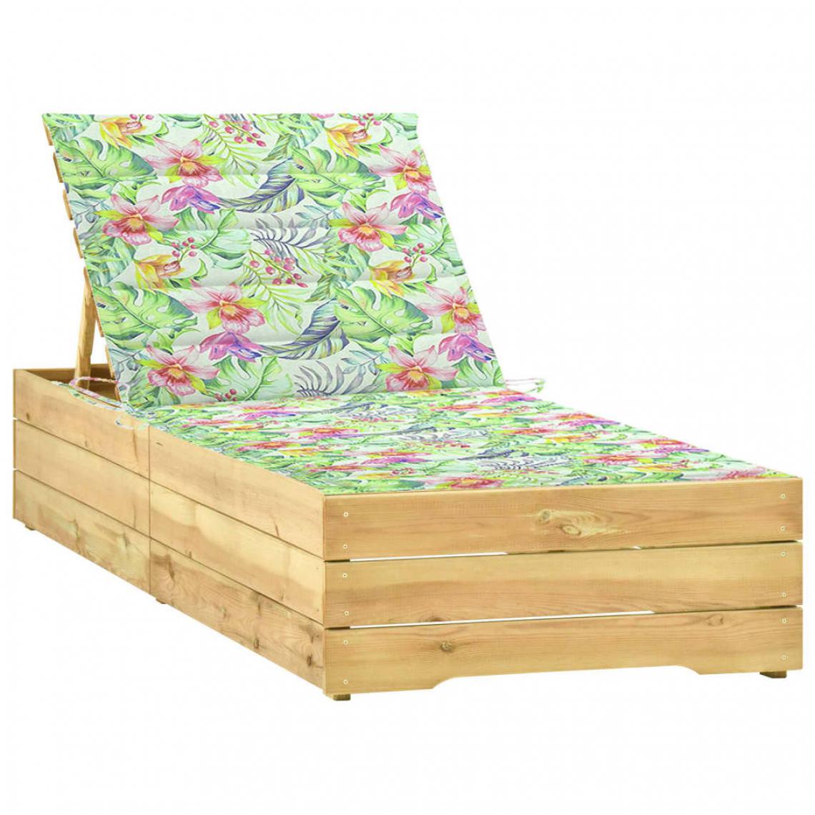 Vidaxl - vidaXL Chaise longue avec coussin motif feuilles Bois de pin imprégné - Transats, chaises longues