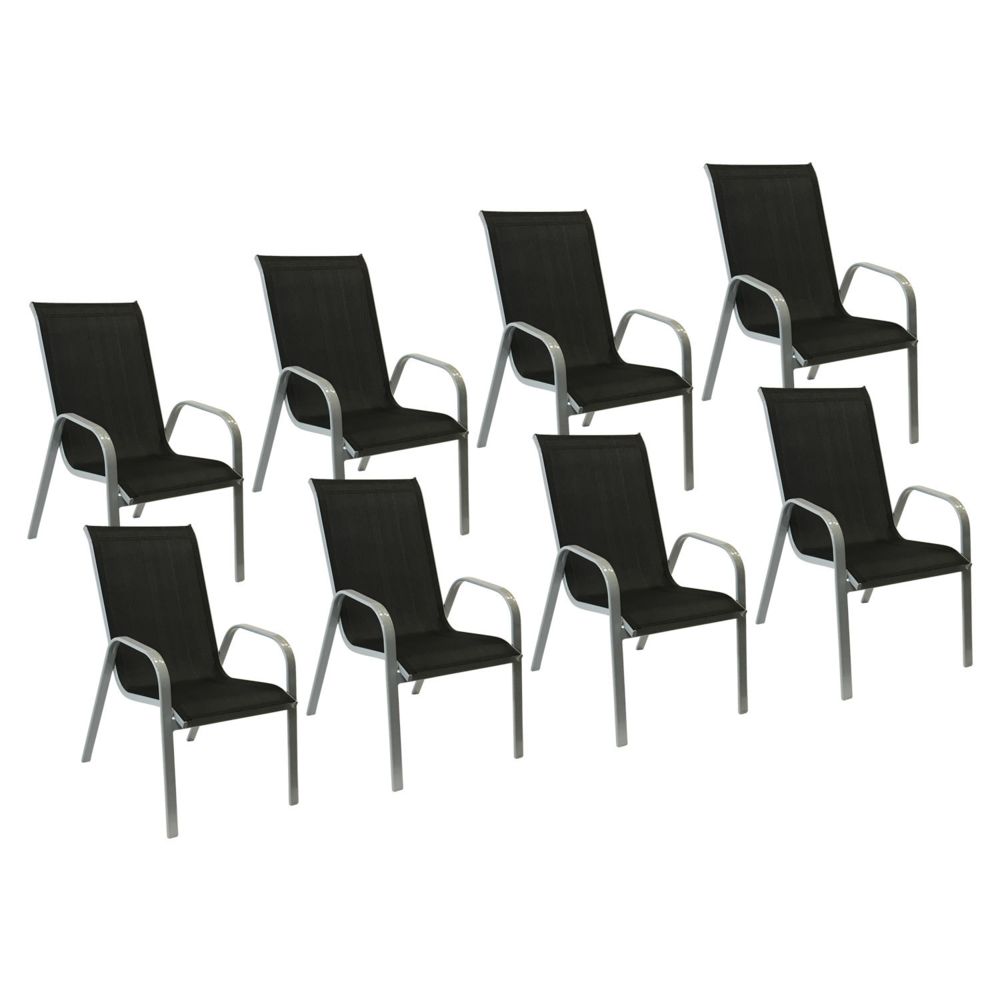 Happy Garden - Lot de 8 chaises MARBELLA en textilène noir - aluminium gris - Chaises de jardin