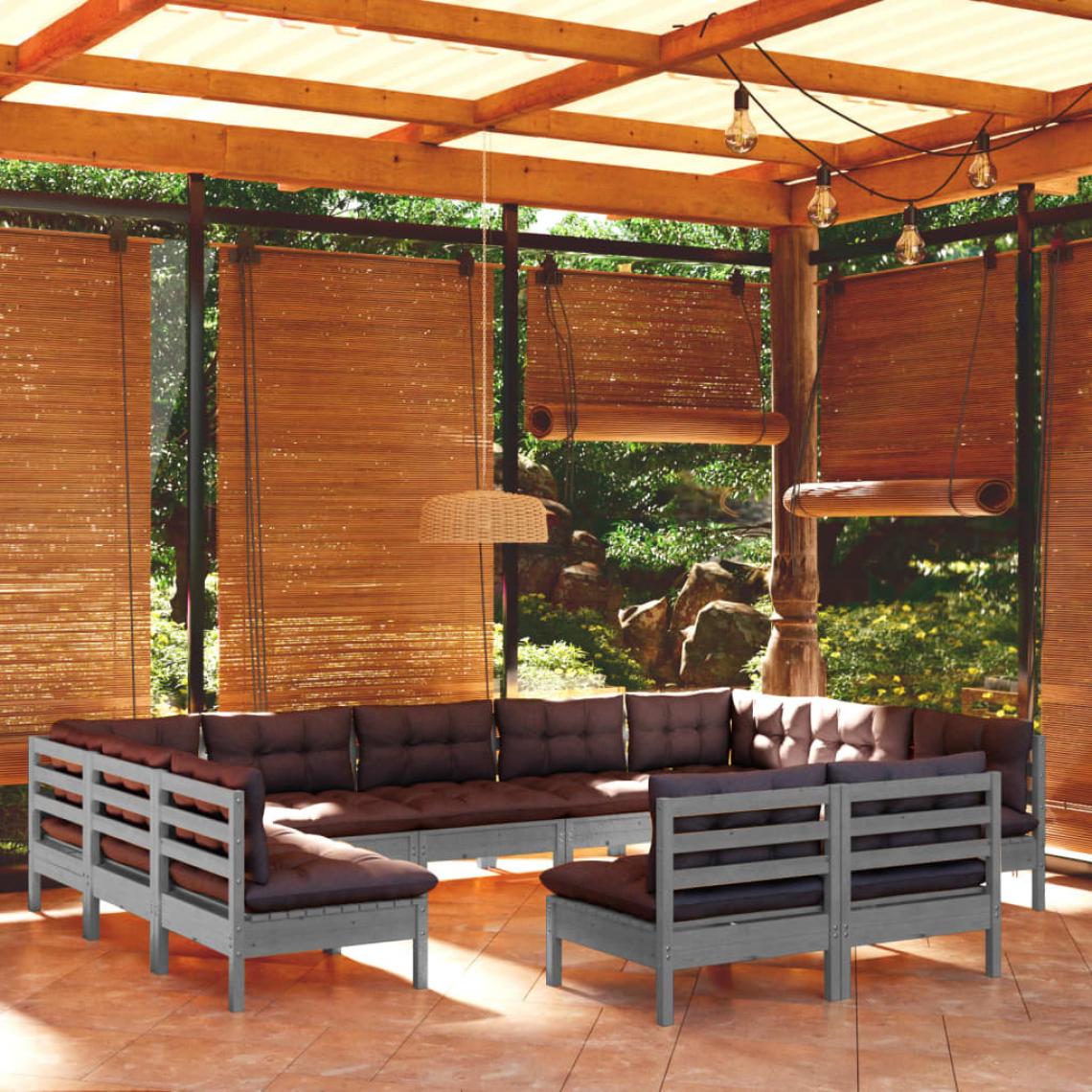 Vidaxl - vidaXL Salon de jardin 11 pcs avec coussins Gris Bois de pin solide - Ensembles canapés et fauteuils