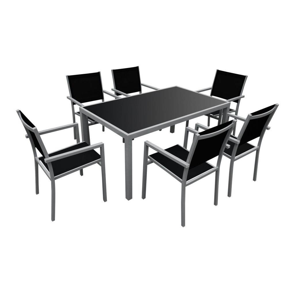 Happy Garden - Salon de jardin BERGAMO en textilène noir 6 places - aluminium gris - Ensembles tables et chaises