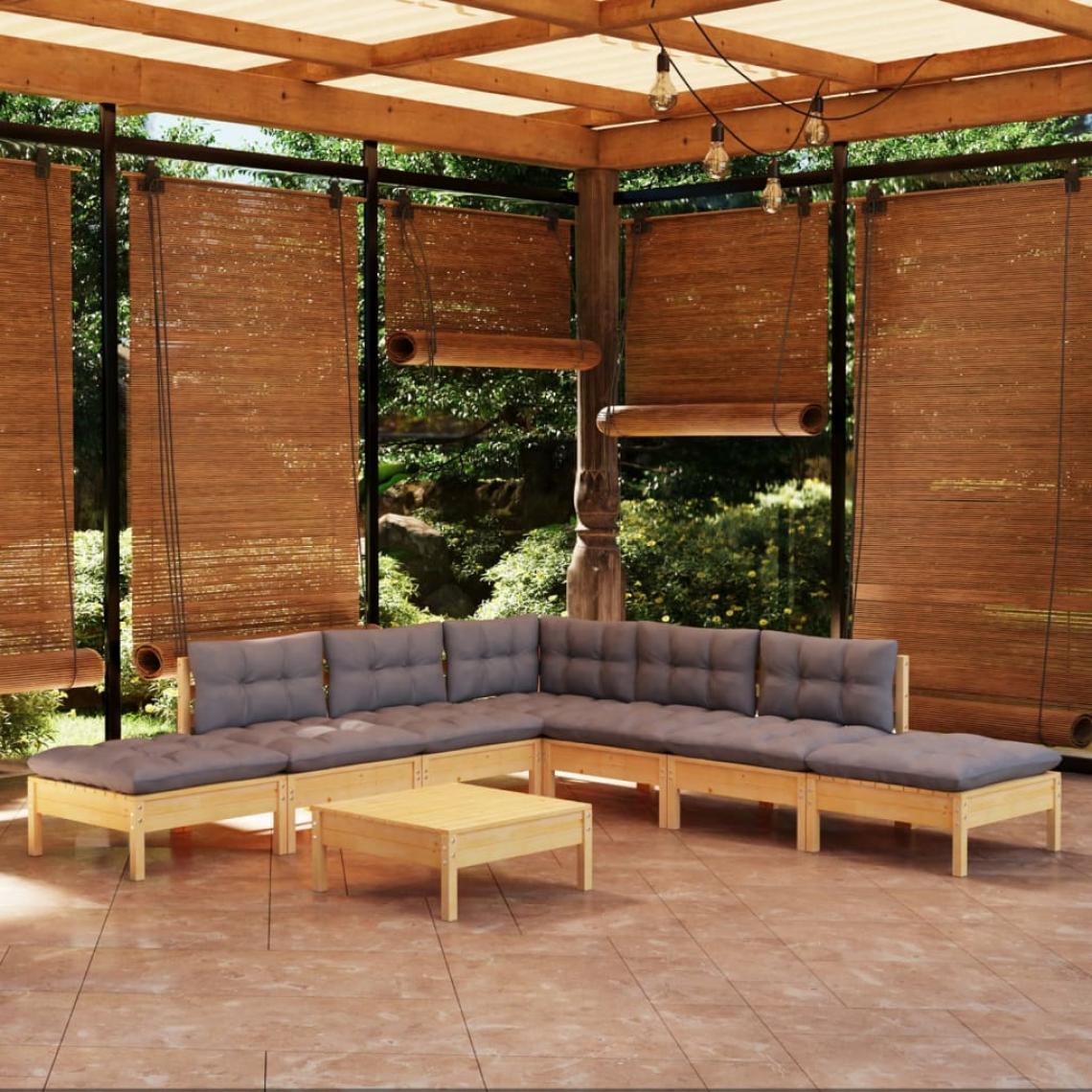 Vidaxl - vidaXL Salon de jardin 8 pcs avec coussins gris Bois de pin - Ensembles canapés et fauteuils