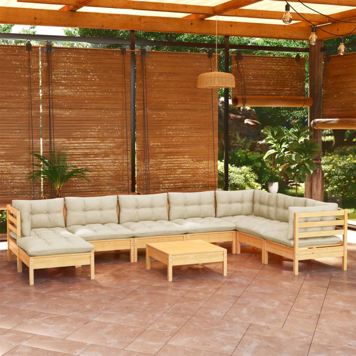 Vidaxl - vidaXL Salon de jardin 9 pcs avec coussins crème Bois de pin solide - Ensembles canapés et fauteuils