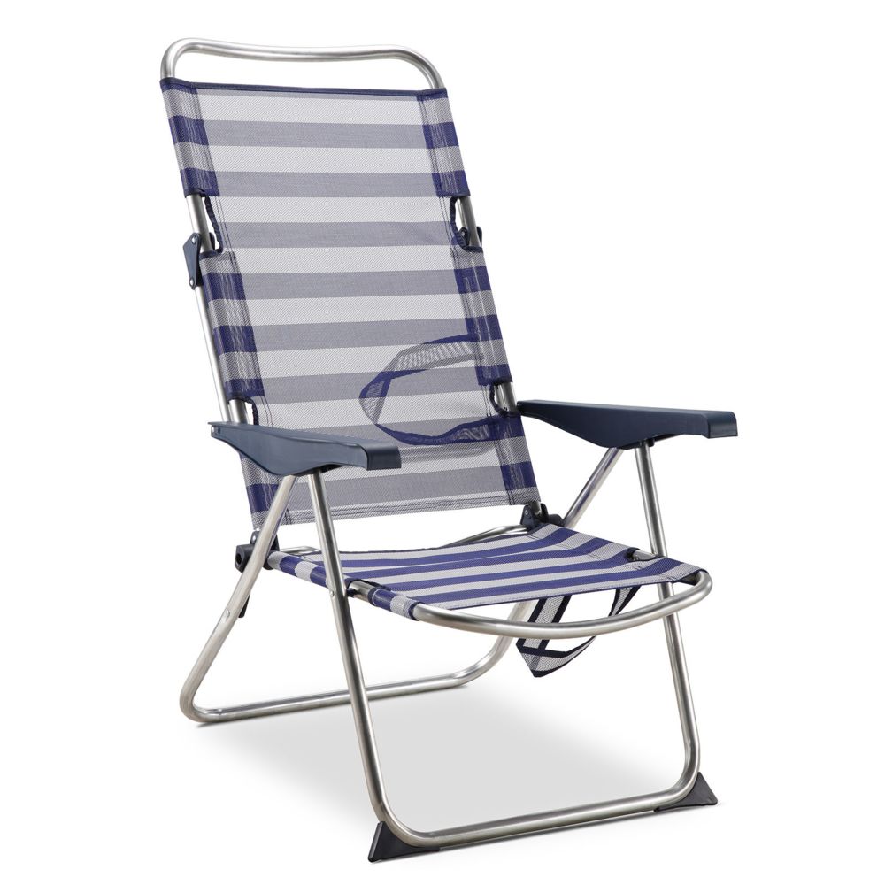 Solenny - Chaise de Plage Lit Pliable Solenny 4 Positions Bleu et Blanc avec Accourdoirs - Chaises de jardin