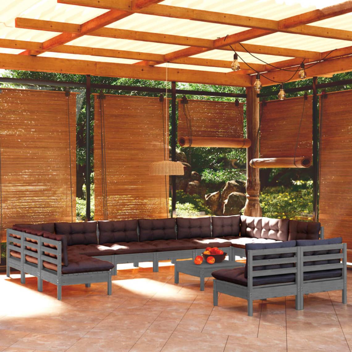 Vidaxl - vidaXL Salon de jardin 13 pcs avec coussins Gris Bois de pin massif - Ensembles canapés et fauteuils
