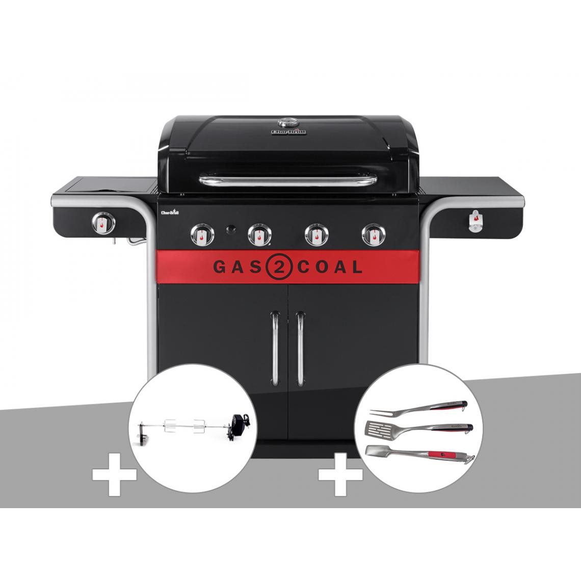 Char-Broil - Barbecue à gaz et à charbon Gas2Coal Char/Broil 2.0 4B + Tournebroche + Kit 3 ustensiles - Barbecues gaz