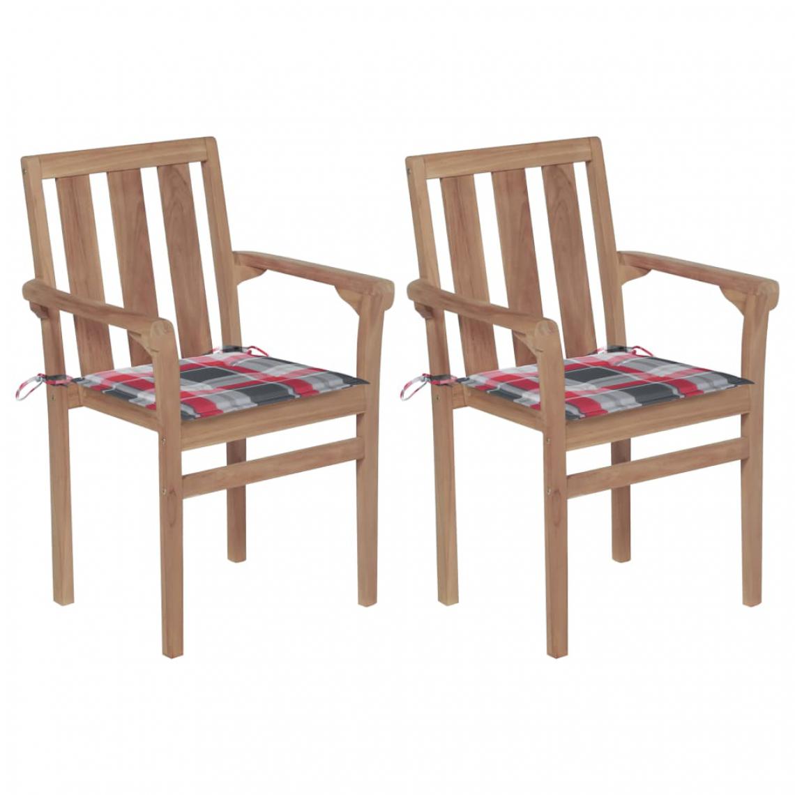 Vidaxl - vidaXL Chaises de jardin 2 pcs avec coussins à carreaux rouge Teck - Chaises de jardin