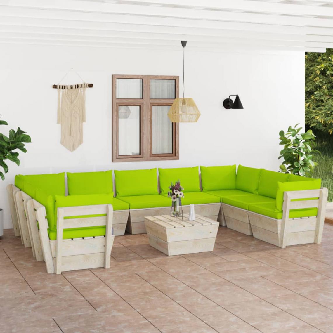 Chunhelife - Salon de jardin palette 10 pcs avec coussins Épicéa imprégné - Ensembles canapés et fauteuils