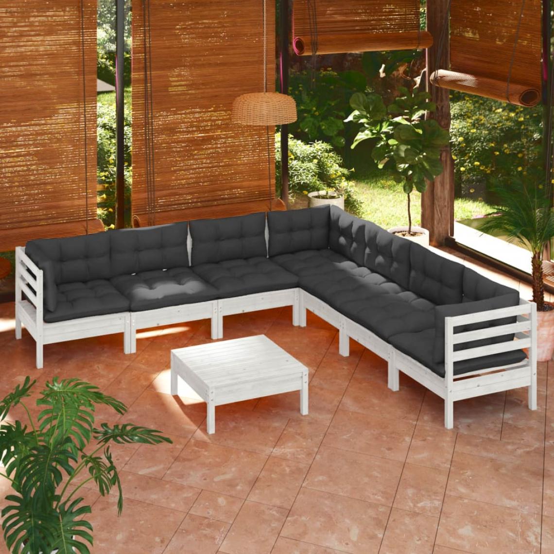 Vidaxl - vidaXL Salon de jardin 8 pcs avec coussins Blanc Bois de pin solide - Ensembles canapés et fauteuils
