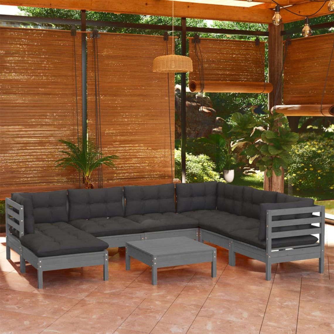 Vidaxl - vidaXL Salon de jardin 8 pcs avec coussins Gris Bois de pin solide - Ensembles canapés et fauteuils