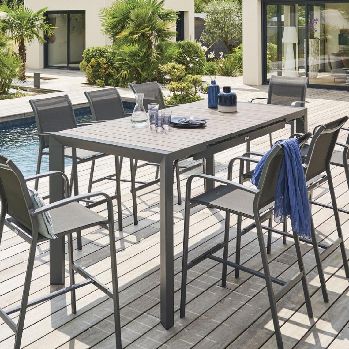 Sans Marque - Table haute extensible 8p Evasion seigle/graphite Hespéride - Noir graphite - Tables de jardin