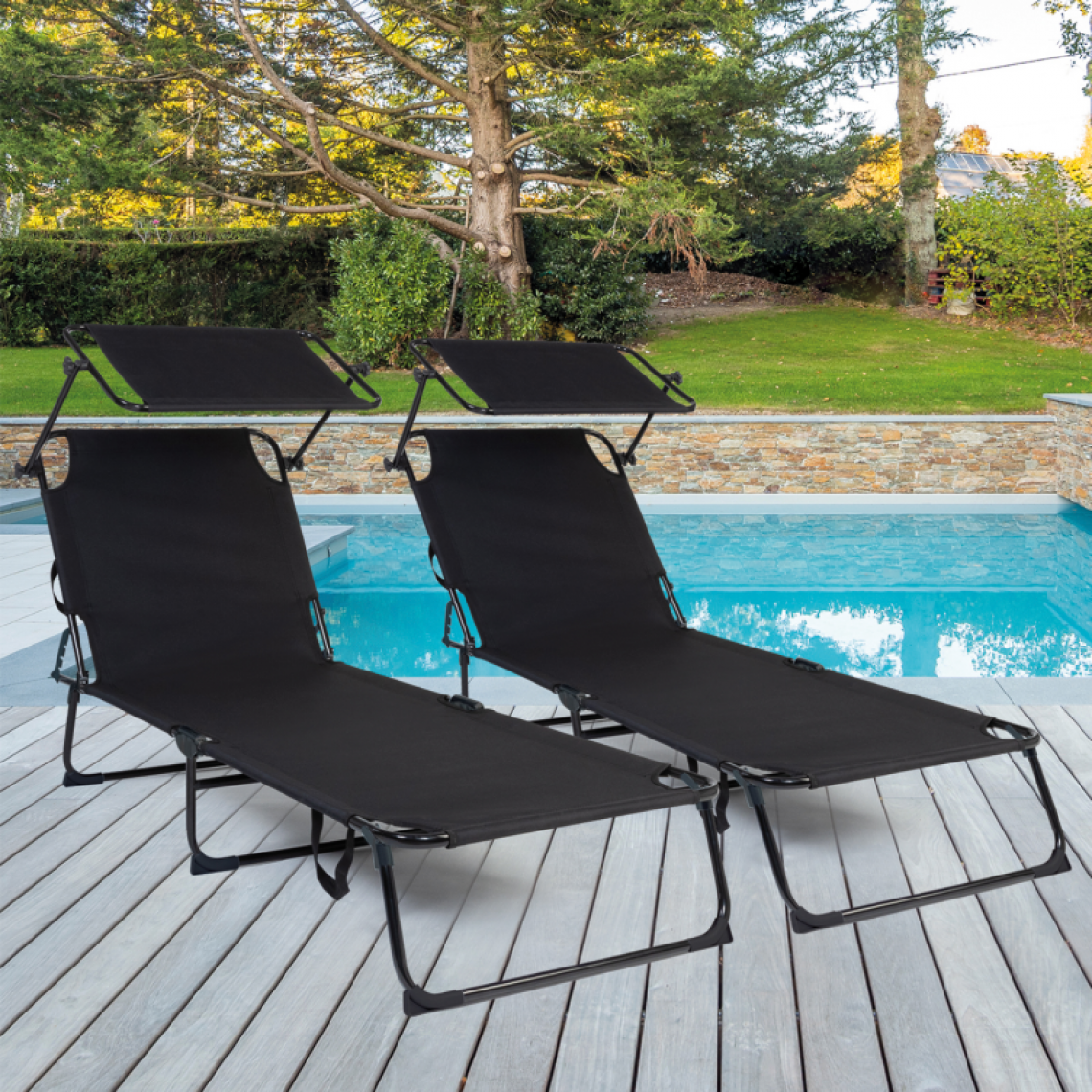 Idmarket - Lot de 2 transats bains de soleil pliants noirs et auvent réglable - Transats, chaises longues