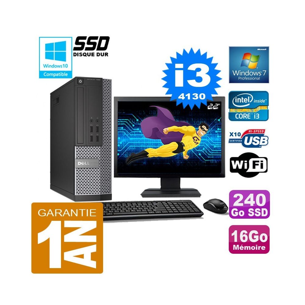 Dell - PC DELL 7020 SFF Core I3-4130 Ram 16Go Disque 240 Go SSD Wifi W7 Ecran 22"" - PC Fixe