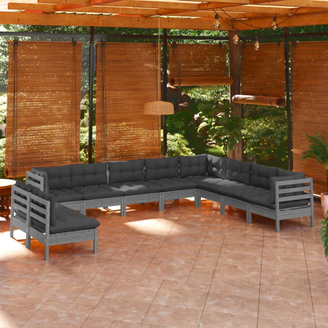 Vidaxl - vidaXL Salon de jardin 10 pcs avec coussins Gris Bois de pin solide - Ensembles canapés et fauteuils