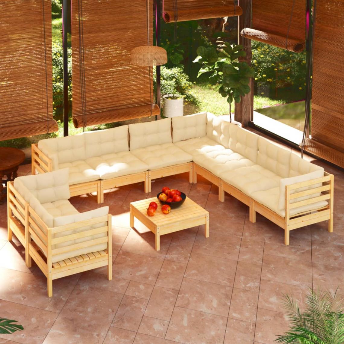 Vidaxl - vidaXL Salon de jardin 10 pcs avec coussins crème Bois de pin solide - Ensembles canapés et fauteuils