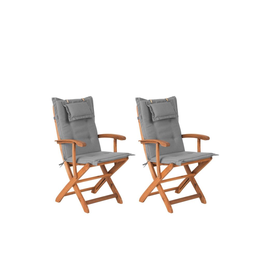 Beliani - Beliani Lot de 2 chaises de jardin pliantes en bois avec coussins gris MAUI - marron clair - Chaises de jardin