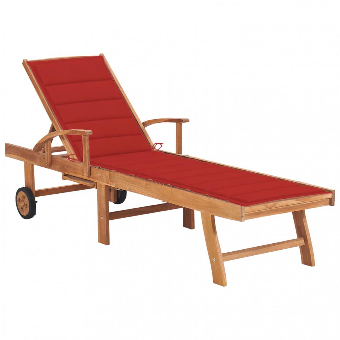 Vidaxl - vidaXL Chaise longue avec coussin rouge Bois de teck solide - Transats, chaises longues