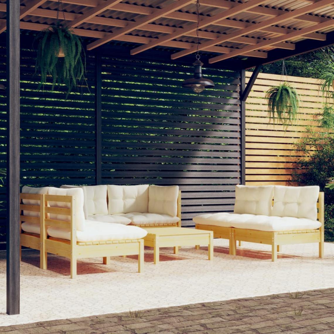 Vidaxl - vidaXL Salon de jardin 7 pcs avec coussins crème Bois de pin massif - Ensembles canapés et fauteuils