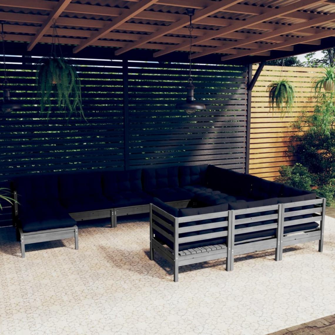 Vidaxl - vidaXL Salon de jardin 11 pcs avec coussins Gris Bois de pin - Ensembles canapés et fauteuils