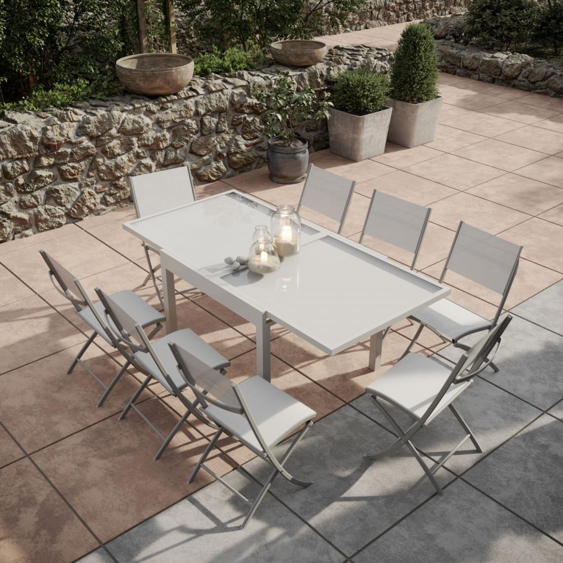 Avril Paris - Table de jardin extensible aluminium/verre 90/180cm + 8 Chaises pliantes textilène Gris argenté - BORA - Ensembles canapés et fauteuils