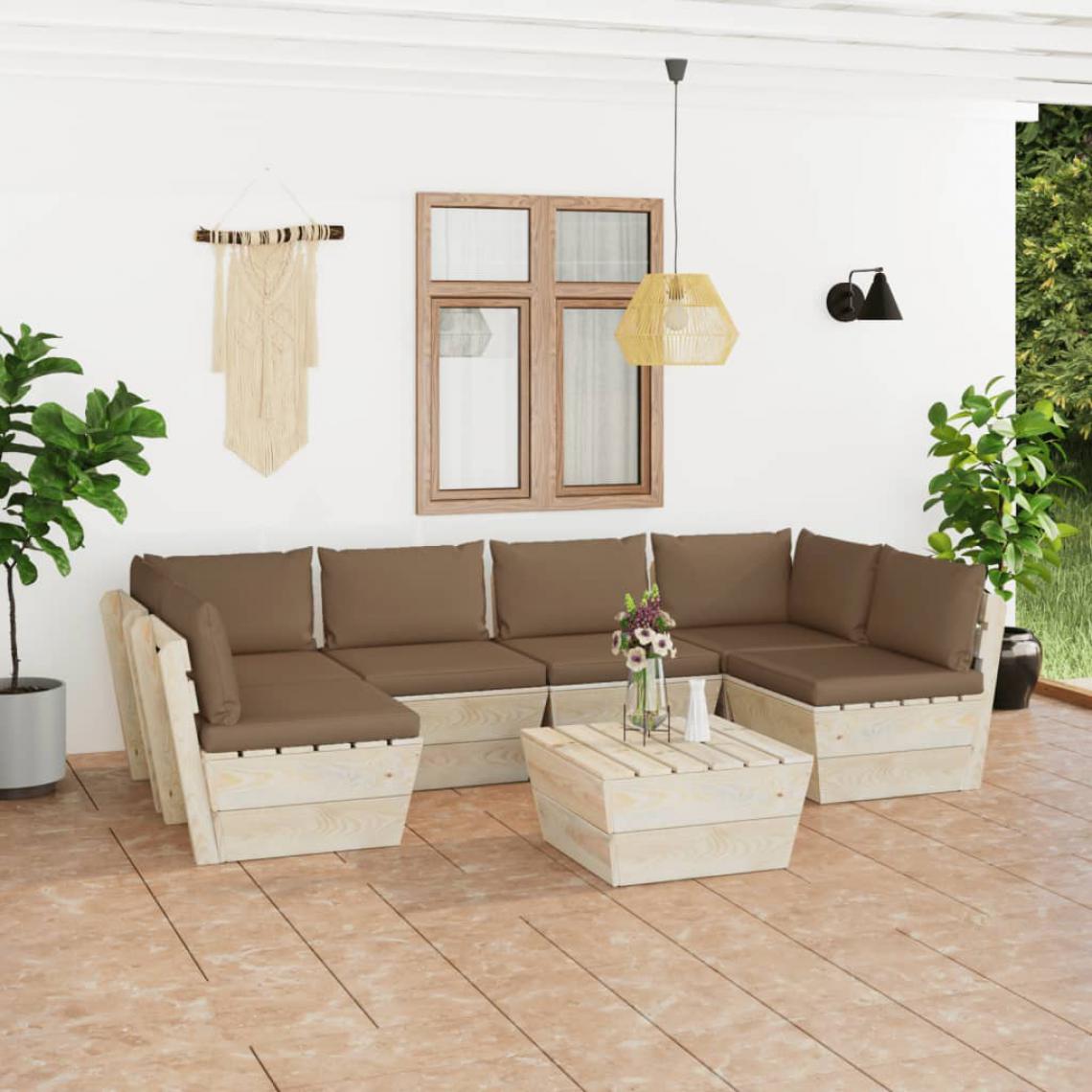 Chunhelife - Salon de jardin palette 7 pcs avec coussins Épicéa imprégné - Ensembles canapés et fauteuils