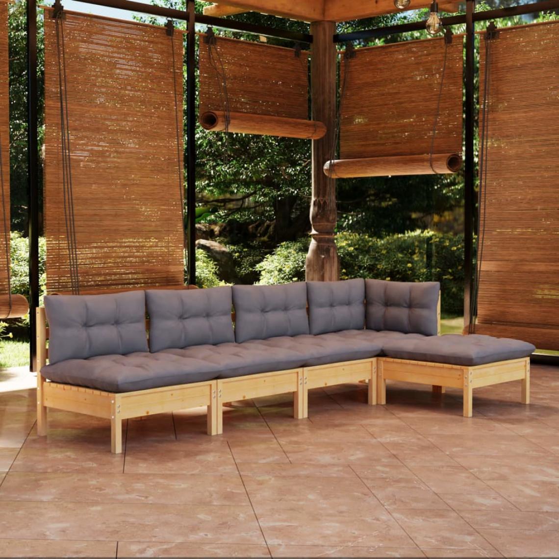 Vidaxl - vidaXL Salon de jardin 5 pcs avec coussins gris Bois de pin - Ensembles canapés et fauteuils