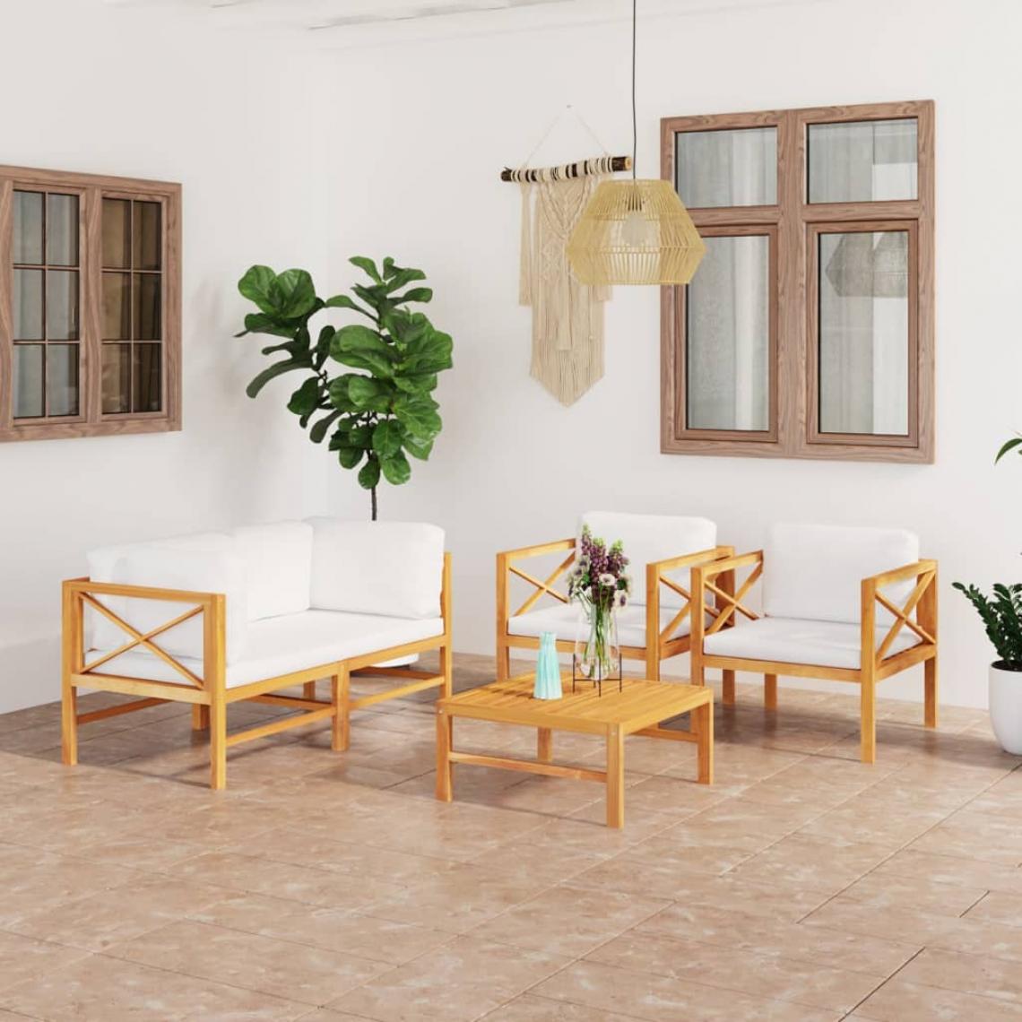 Vidaxl - vidaXL Salon de jardin 5 pcs avec coussins crème Bois de teck solide - Ensembles canapés et fauteuils