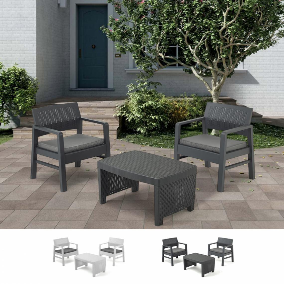 Progarden - Salon de jardin en polyrotin table 2 fauteuils coussins Progarden Tambo, Couleur: Anthracite - Ensembles canapés et fauteuils