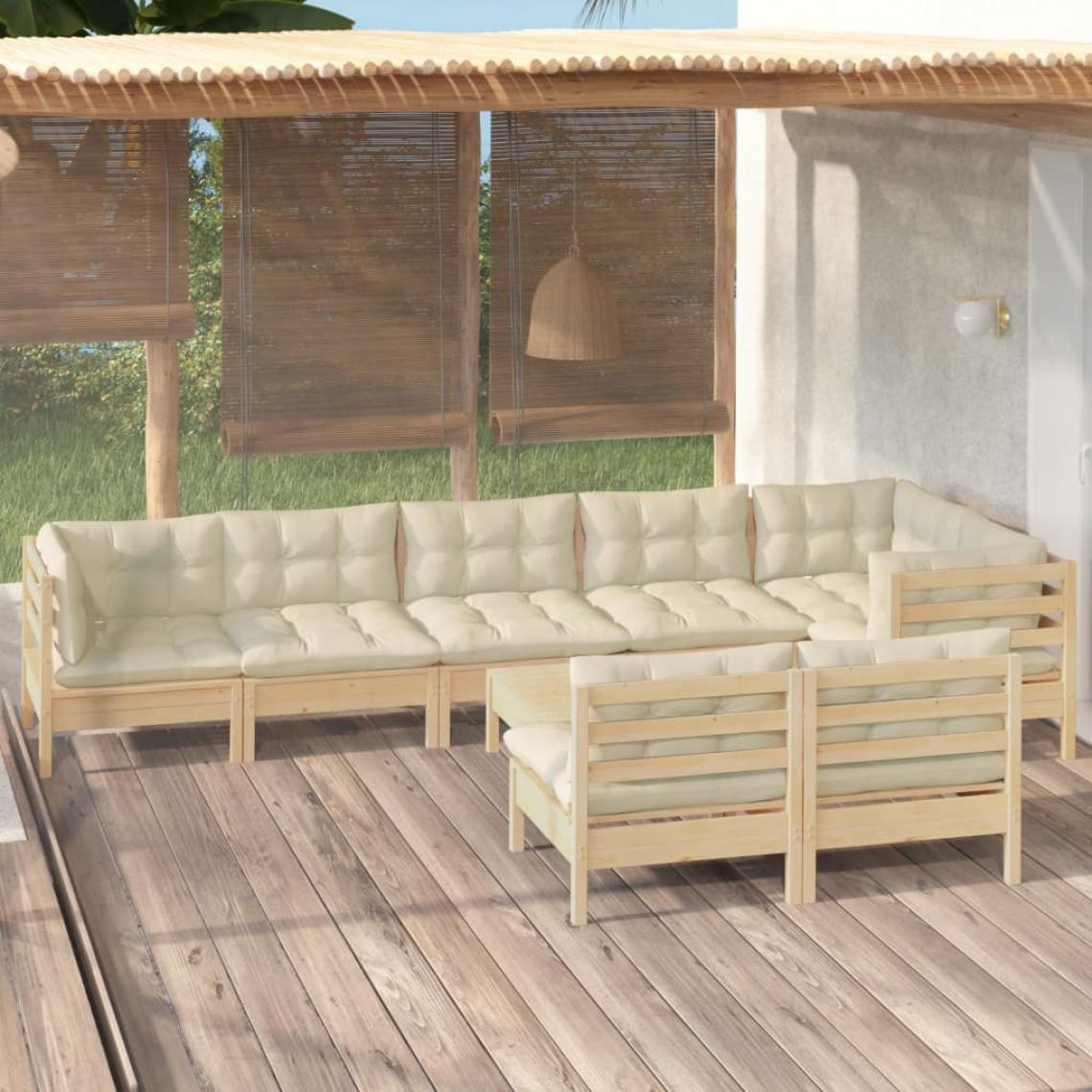 Vidaxl - vidaXL Salon de jardin 9 pcs avec coussins crème Bois de pin massif - Ensembles canapés et fauteuils