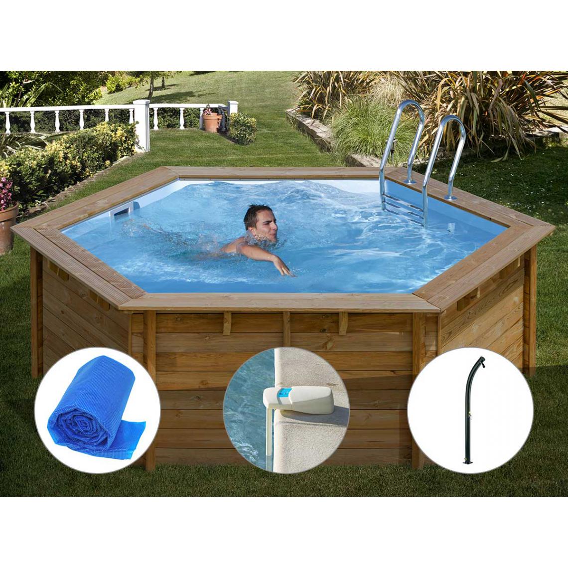 Sunbay - Kit piscine bois Sunbay Vanille 2 Ø 4,00 x 1,19 m + Bâche à bulles + Alarme + Douche - Piscines bois