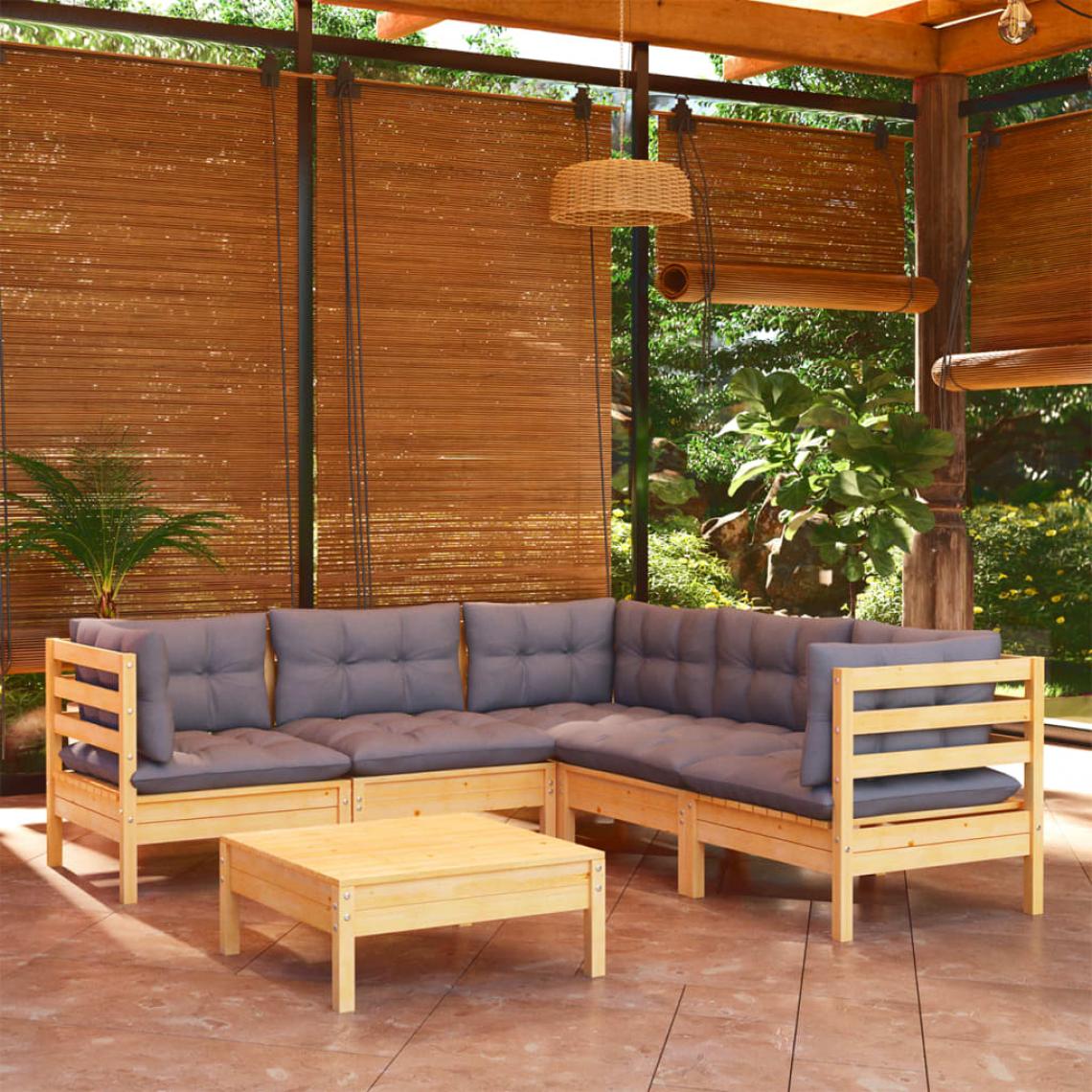 Vidaxl - vidaXL Salon de jardin 6 pcs avec coussins gris Bois de pin solide - Ensembles canapés et fauteuils