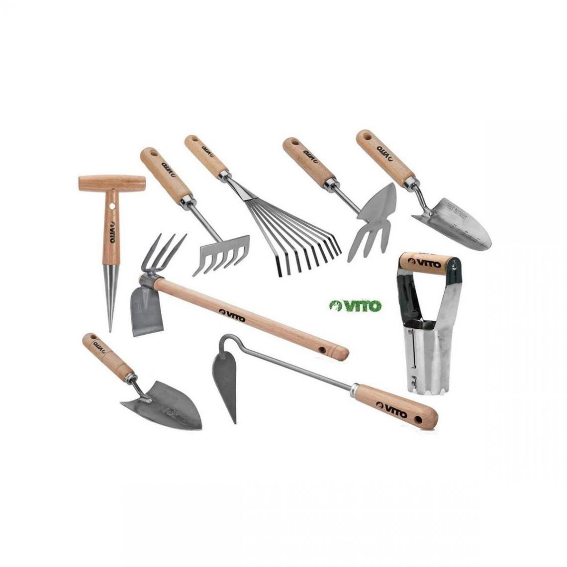 Vito Garden - Kit 9 outils de jardin Manche bois VITOGARDEN Inox et Fer forgés à la main haute qualité Outils de jardin - Bêches, fourches, louchets, houes