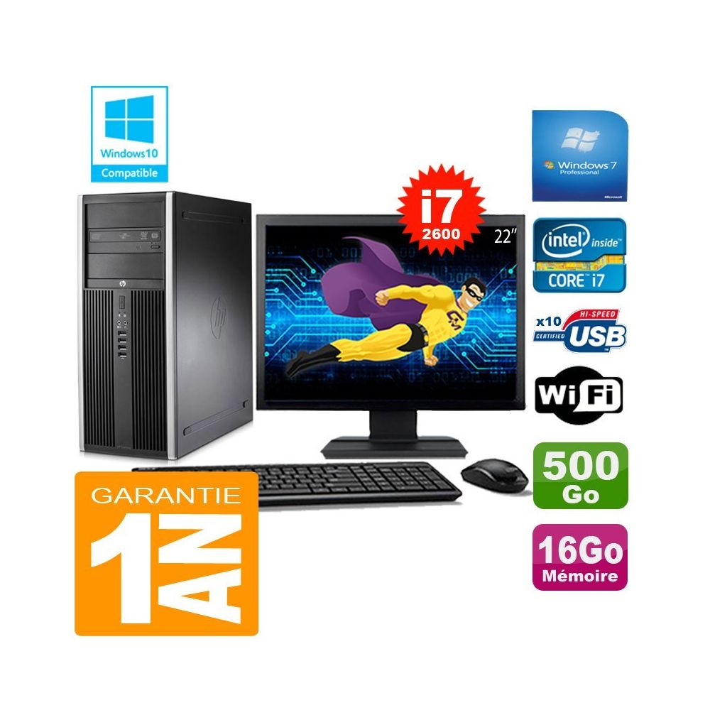 Hp - PC Tour HP Compaq 8200 Core I7-2600 Ram 16Go Disque 500 Go Wifi W7 Ecran 22"" - PC Fixe