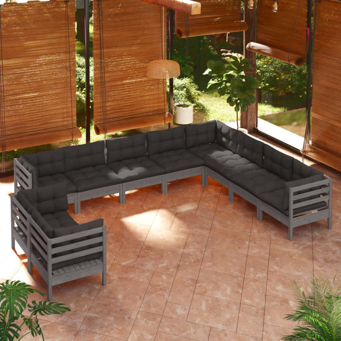 Vidaxl - vidaXL Salon de jardin 10 pcs avec coussins Gris Bois de pin solide - Ensembles canapés et fauteuils