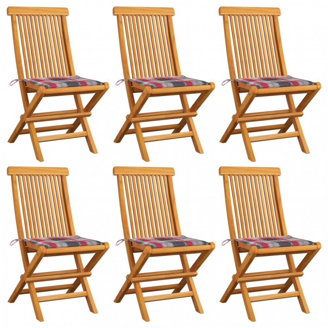 Vidaxl - vidaXL Chaises de jardin et coussins à carreaux rouge 6pcs Teck massif - Chaises de jardin