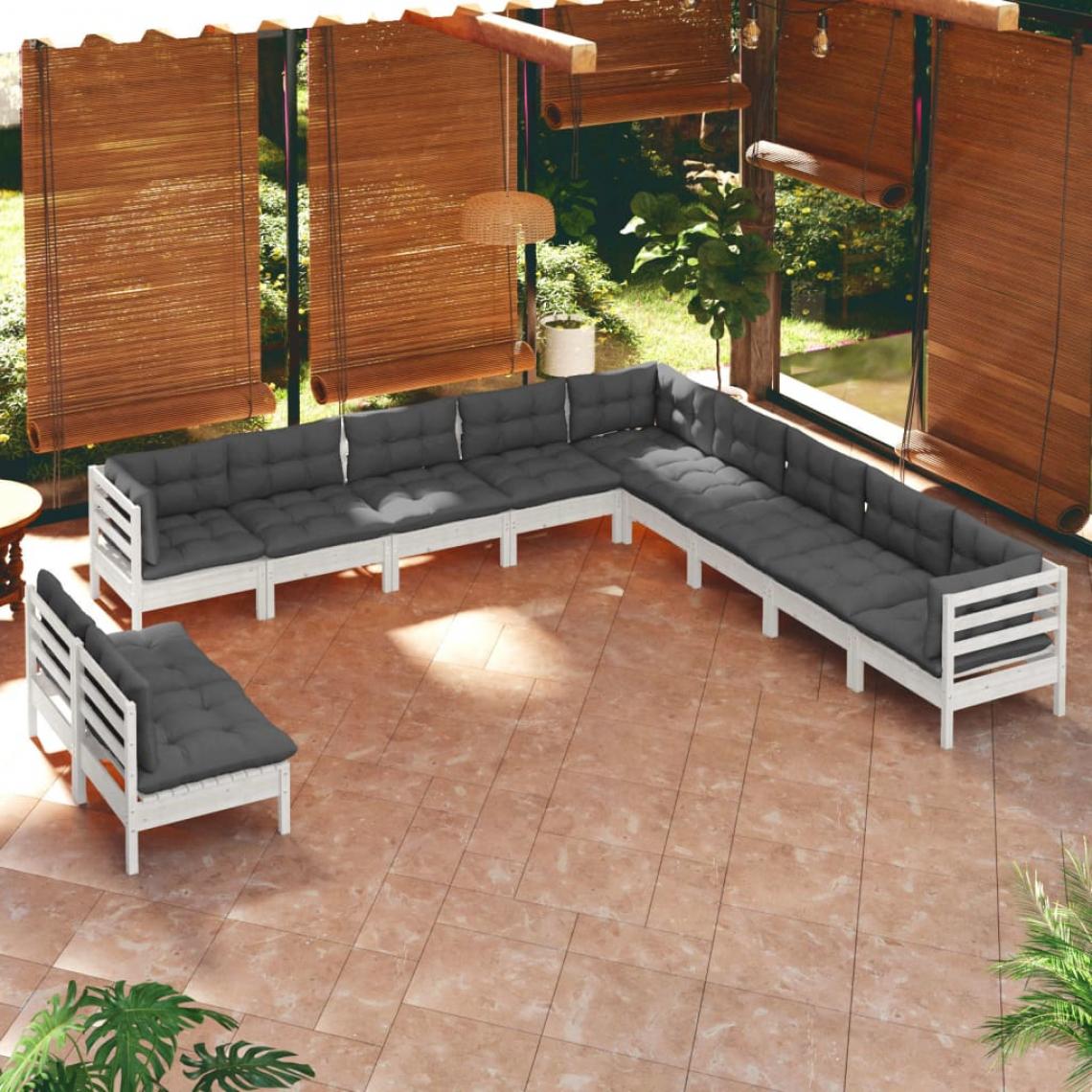 Vidaxl - vidaXL Salon de jardin 11 pcs avec coussins Blanc Bois de pin solide - Ensembles canapés et fauteuils