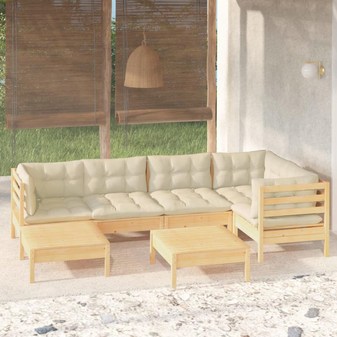 Vidaxl - vidaXL Salon de jardin 7 pcs avec coussins crème Bois de pin massif - Ensembles canapés et fauteuils