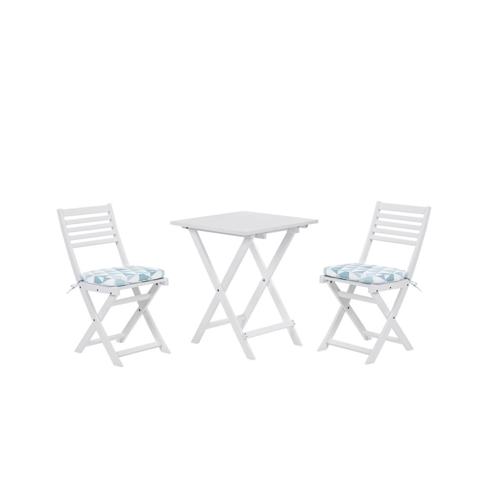 Beliani - Beliani Table et 2 chaises de jardin blanches en bois avec coussins bleus FIJI - blanc - Ensembles tables et chaises